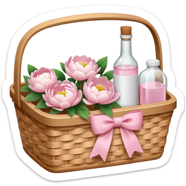 White Picnic basket with light pink bow and white peonies and a pink bottle inside sticker
