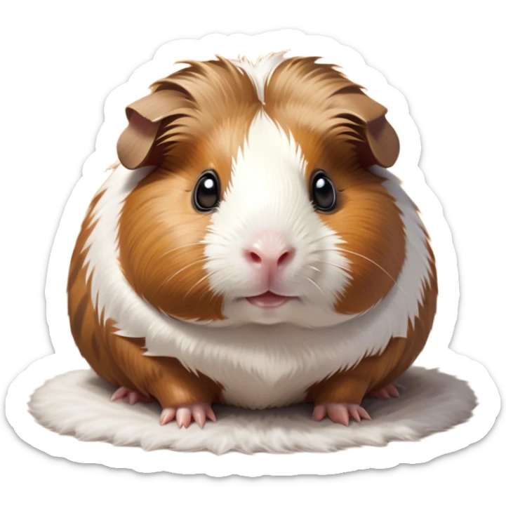 Cinematic Cute Brown and White Banded Guinea Pig Portrait Emoji, Head tilted playfully and inquisitively, showcasing a fluffy coat with playful brown and white banded patterns, round, sparkling dark eyes filled with curiosity, Simplified yet irresistibly adorable features, highly detailed, glowing with a warm, friendly glow, high shine, affectionate and spirited, stylized with a touch of whimsy, bright and endearing, soft glowing outline, capturing the essence of a mischievous yet loving guinea pig, so playful it feels like it could dash out of the screen and into your arms! sticker