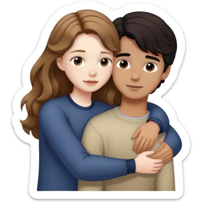 girl with long light brown hair and pale skin hugging a boy with short black wavy hair and tanned skin sticker
