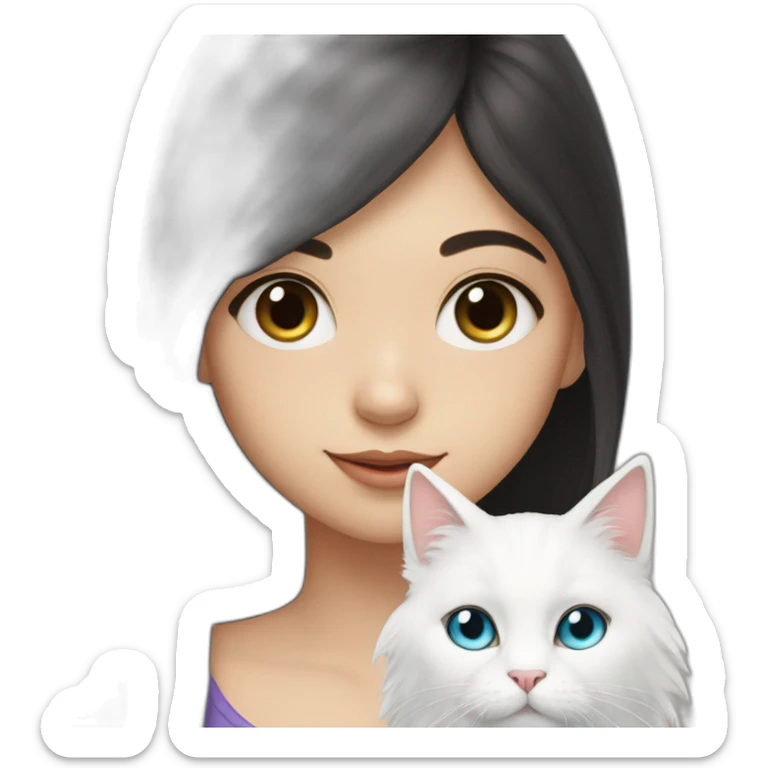 A girl with long dark hair and on her left shoulder and neck lies a white fluffy cat with eyes of different colors sticker