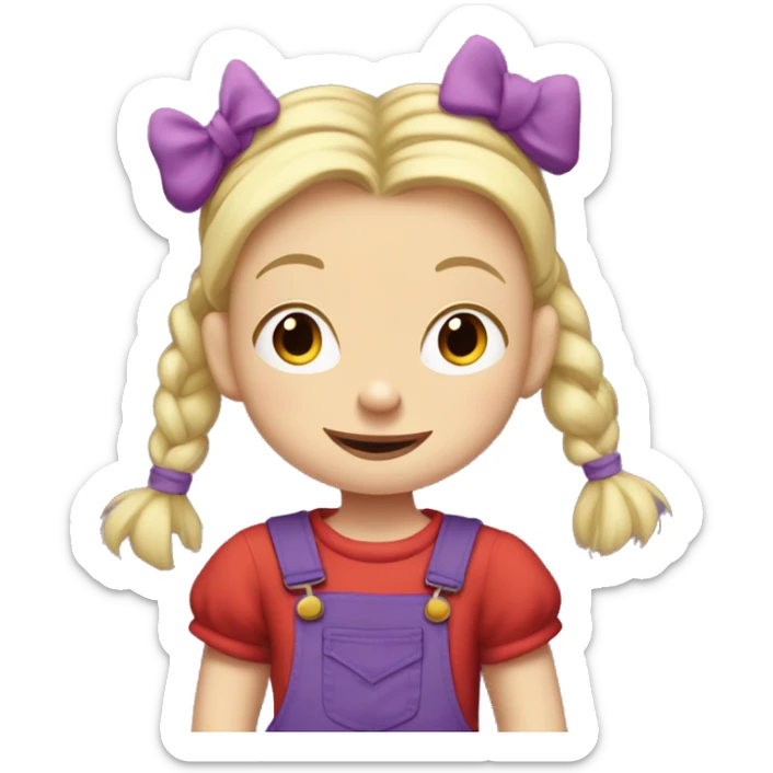 A little blonde girl with pigtails and little purple bows wearing a red long sleeved shirt and purple overalls, rugrats sticker
