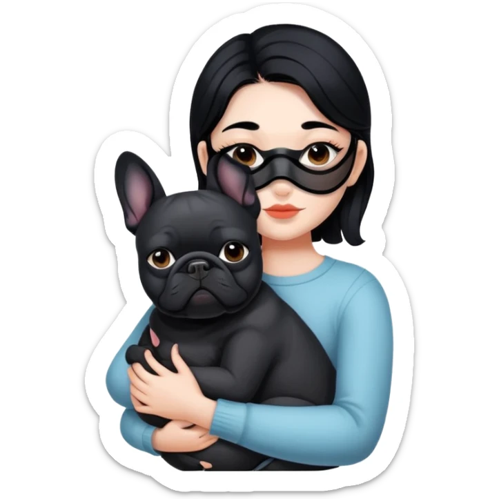 girl with short black straight band hair wearing a mask and hugging a black French bulldog sticker