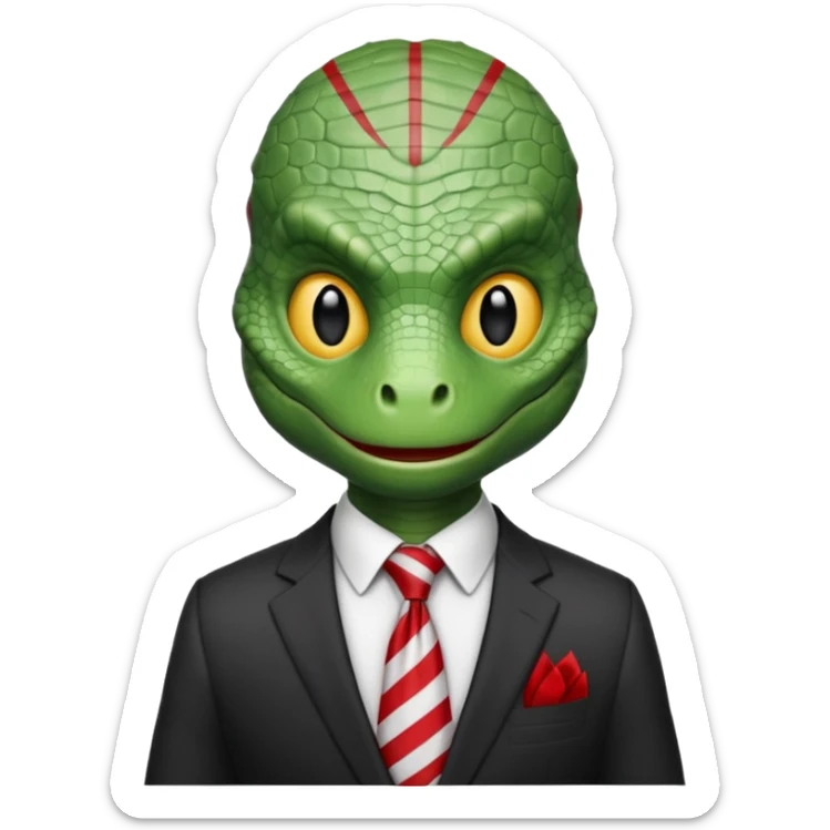 A reptilian humanoid dressing a suit, striped red and white tie, human emoji style, his face is seriously and sarcastic sticker