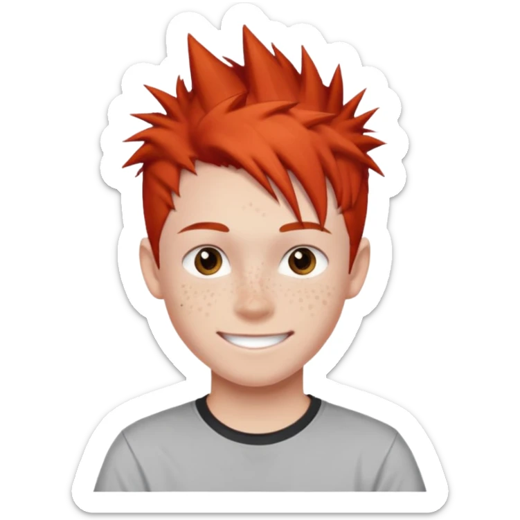 emoji of a teenage boy, spiky red hair, wearing a graphic tee, playful smile sticker