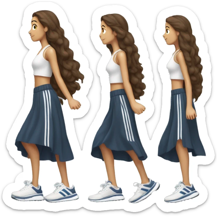 girl with long brown hair and long flowy maxi skirt and sneakers with adidas stripes, from profile,  lifting one leg backward in the air like she is striking a pose. full body sticker