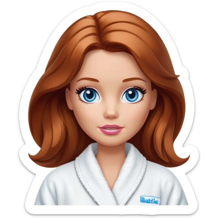 Barbie's face eyes blue with shoulder-length reddish-brown hair, makeup, cream smeared on her face , in a bathrobe with sticker