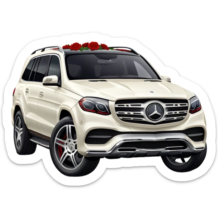 Side profile of White Mercedes GLS 600 with red roses on the hood sticker