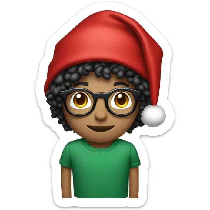 Unisex person ’light skin’ ’short curly dark green hair’ in a ’red Santa hat’ and black tshirt and round glasses  sticker