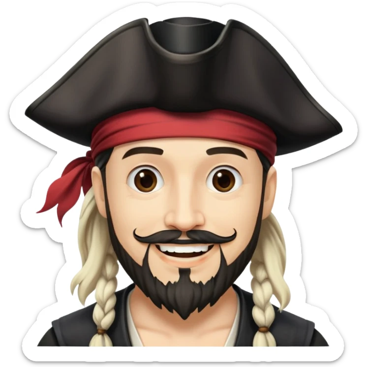 "- Nam
- 35 tuổi
- Da trắng
- Râu quai nón
-  Cướp biển caribe
- Cười tươi, đội mũ cướp biển màu đen sticker