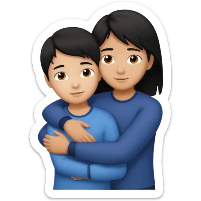 asian boy with black hair and brown long hair girl hugging sticker