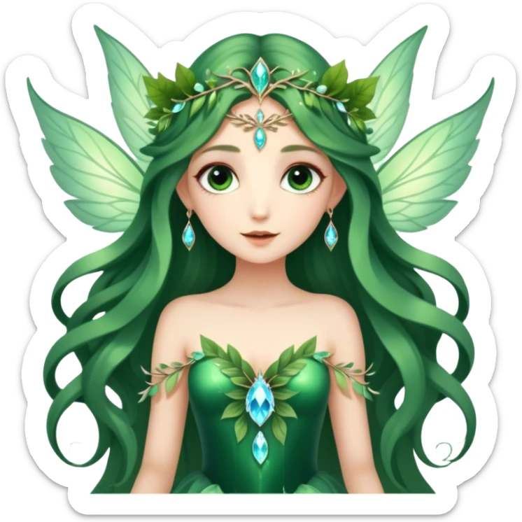CGI, ultra detailed Forest fairy with long flowing hair, large shinning eyes, and beautiful jewel like luminescent wings. She is wearing a gorgeous gown of leaves sticker
