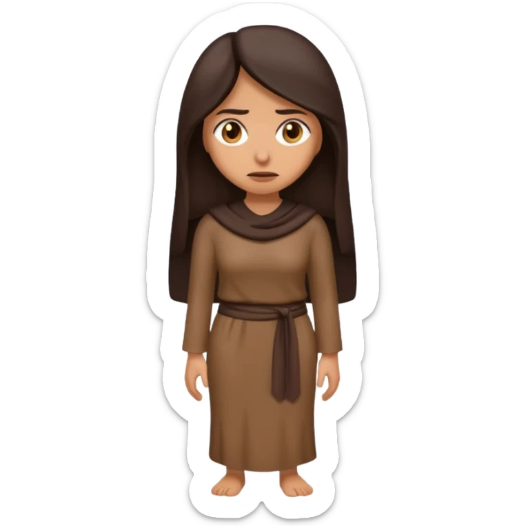 Cartoon emoji of a Middle Eastern-looking woman with long, loose dark hair, wearing chocolate-colored clothes. Full-height, standing, nervous, unsure, worried expression. Slightly hunched, anxious posture. Smooth, simple, stylized. sticker