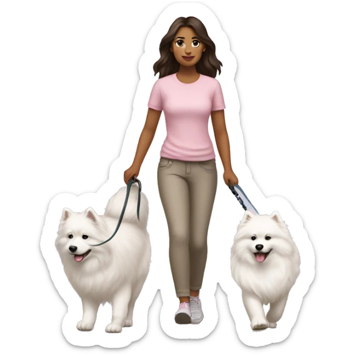 full body view of brunette female with light pink skin tone walking one samoyed dog on a leash sticker