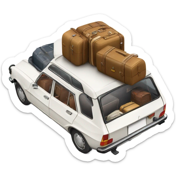 a white peugeot 504 break car with luggage on the roof sticker