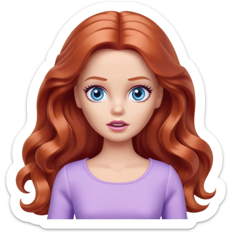 Barbie girl Chestnut-red long wavy hair and blue eyes is In pale purple clothes a Feels terrified sticker