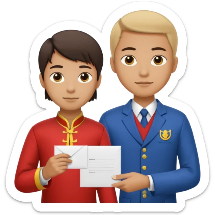 a university student with T-shirt handing letter to a official with chinese tunic suit sticker