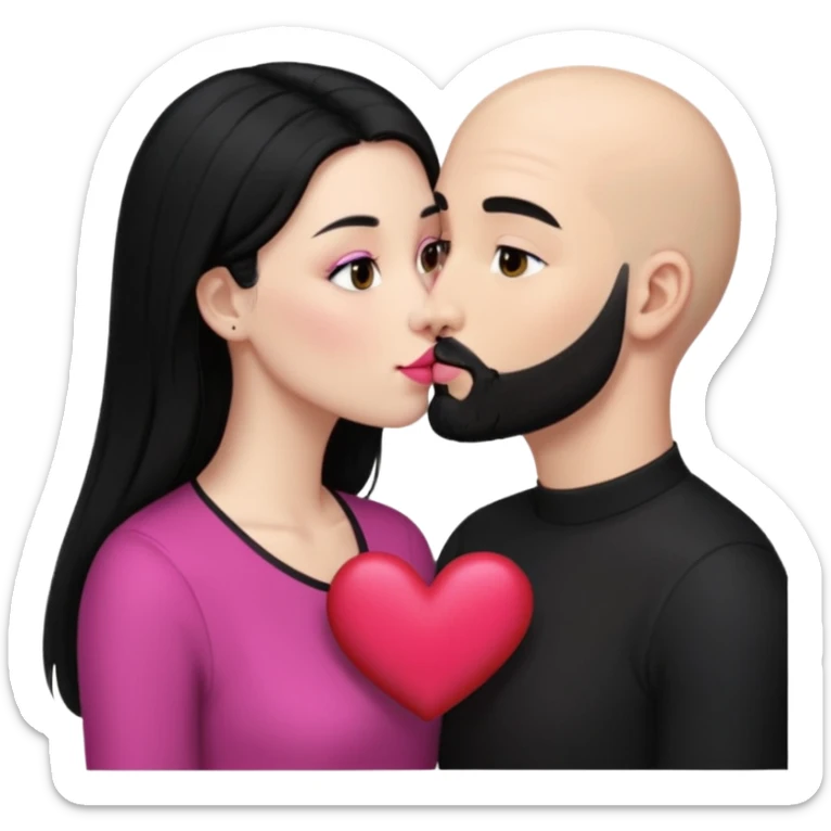 👩🏻‍❤️‍💋‍👨🏻 this one but the man should be bald. white woman with long black hair and white bald young man whoitiut hair and a heart between their heads. she has pink lips and both have brown eyes. he has e full beard but short. both wear black. they kiss slowly sticker