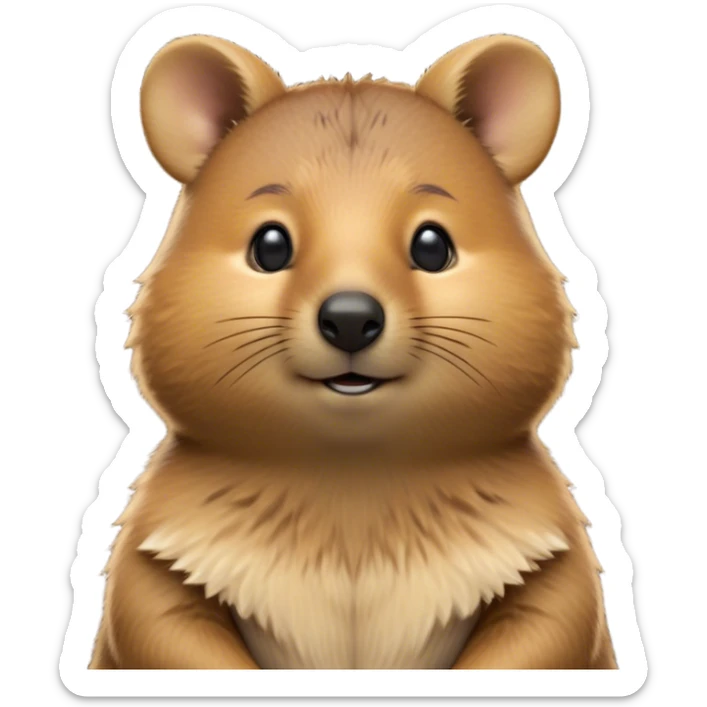 Cinematic Noble Quokka Portrait Emoji, Poised and regal, with a compact, endearing build and a smooth, well-groomed brown fur that glows with a hint of golden warmth, deep-set soulful eyes radiating kindness, Simplified yet sharp and sophisticated features, highly detailed, glowing with a soft, dignified glow, high shine, intelligent and joyful, stylized with an air of marsupial charm, focused and attentive, soft glowing outline, capturing the essence of a watchful and confident quokka, so majestic it feels as though it could bounce out of the screen with effortless authority! sticker