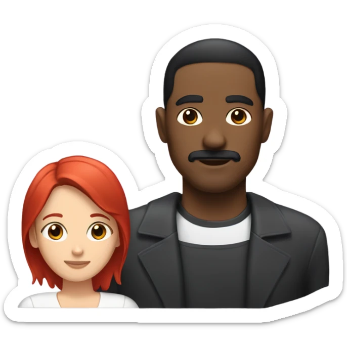 Black man with short black hair and mustache with white woman with straight red hair sticker