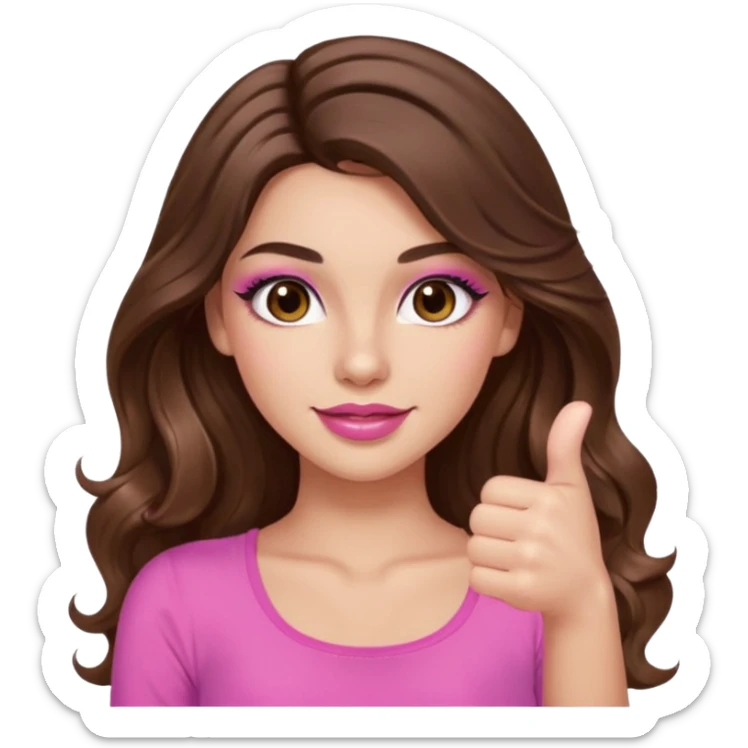 girl with long wavy brown hair, brown eyes, long lashes makeup, sexy pink lips, light to medium complexion, wearing a pink sexy top, thumbs up sticker