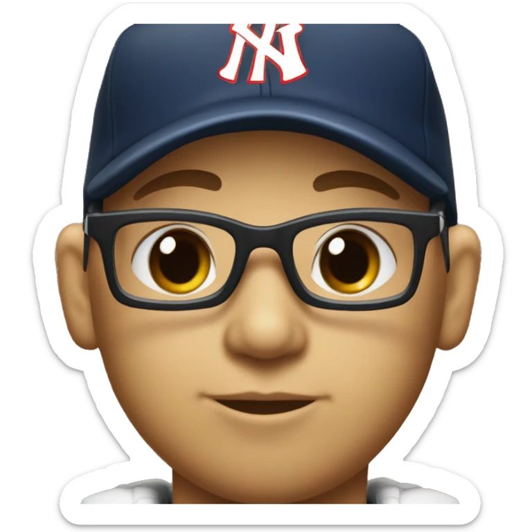 little leaguer wearing thick glasses wearing a ballcap with the letters SVS on it sticker