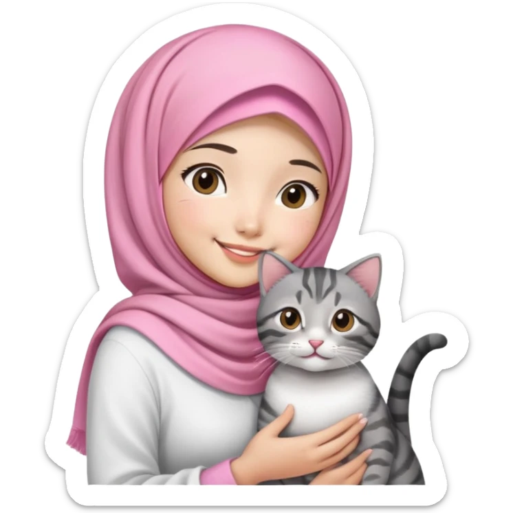 Asian White girl wearing pink hijab and white dress holding a black grey tabby cat while smiling.  sticker