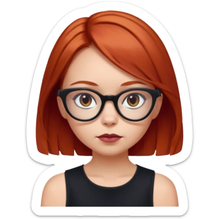 iPhone emoji of a girl with light red hair, shoulder-length hair, a small mole above her eyebrows, wearing a black sleeveless top, and subtle dark maroon cat-eye glasses, facing forward. sticker