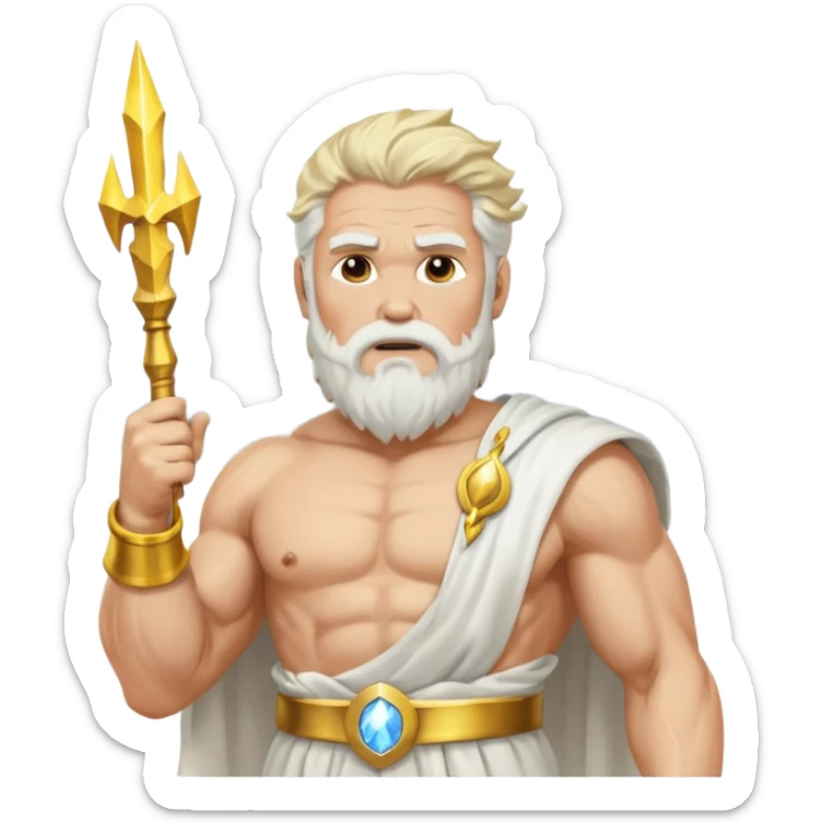 portrait of Zeus, muscular old man with white beard and hair, wearing white toga with gold trim, holding lightning bolt, standing on storm clouds sticker