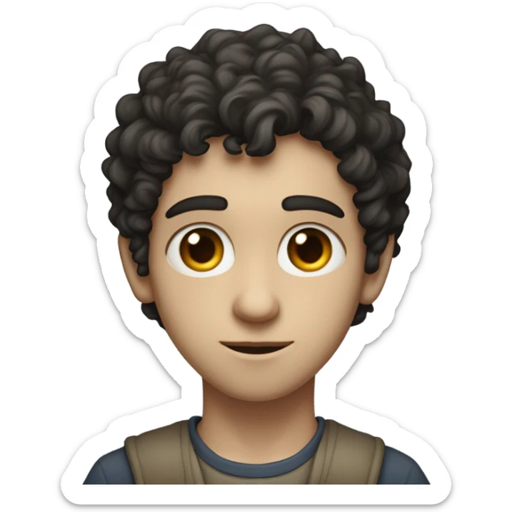 "A young man with dark curly hair, pale skin, and a thin build. He has a humble, thoughtful expression and wears simple, slightly worn clothing. A subtle Star of David appears nearby." sticker