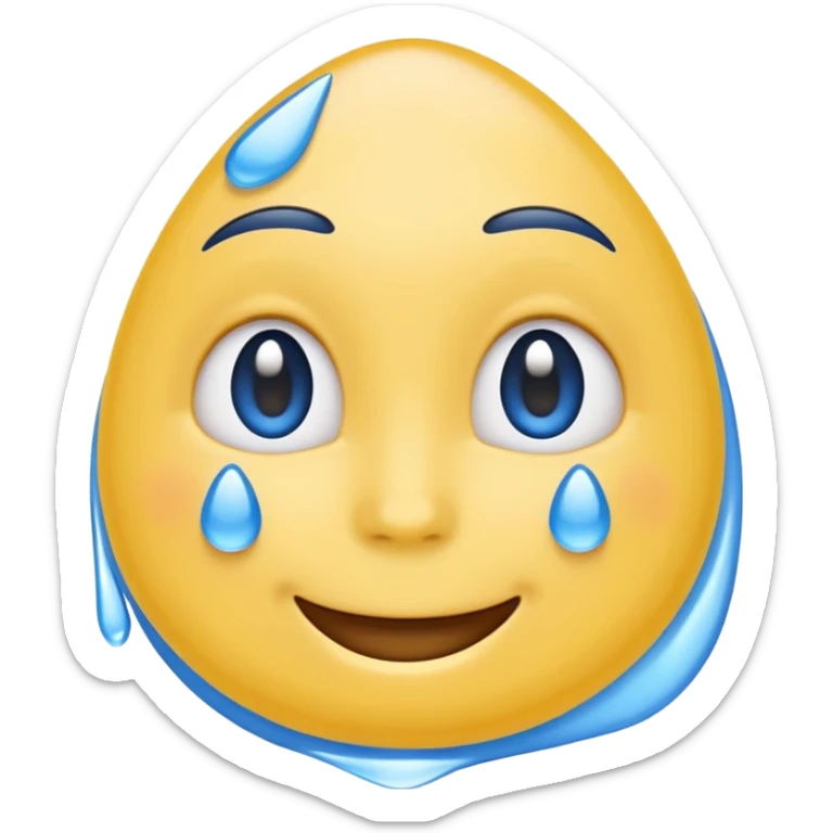 mix of these two 🥺☺️ but make it classic orginal emoji not woman or man face and without hearts and a little bit sad but still smile, make the drops blue like cry but IT NEEDS TO BE HAPPY sticker