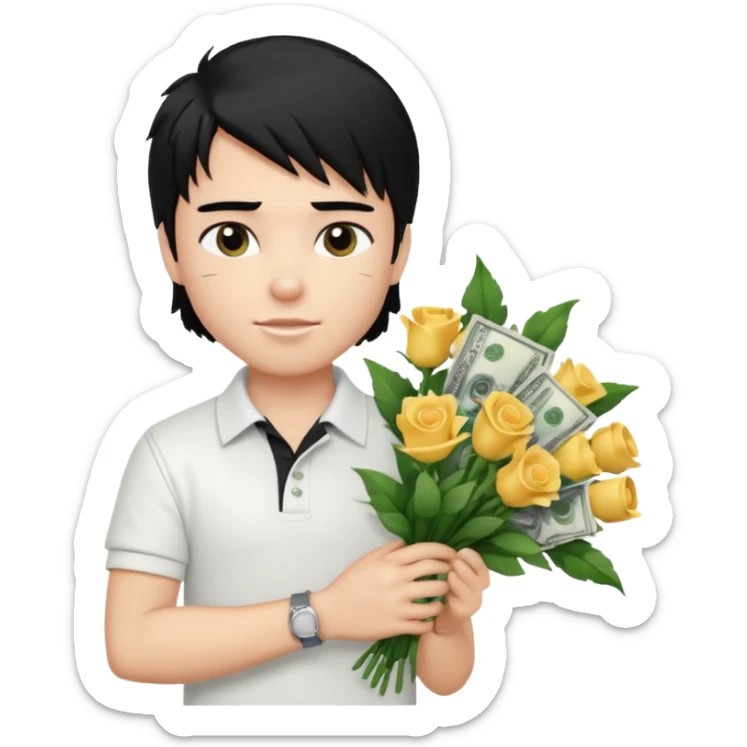 generate a pretty fair bratz boy with a messy mullet (black hair), wearing a white polo.  carrying a bouquet made of CASH. expensive car behind him sticker