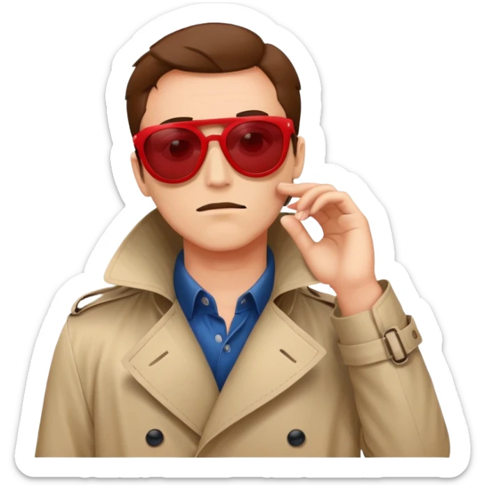 a suspicious looking fraudster in red sunglasses and a red trench coat who's hiding his face sticker