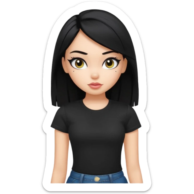 a pretty bratz girl with straight black hair wearing a black tshirt, eyeliner, side part. waist up sticker
