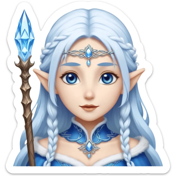 Legendary fantasy Christmas elf portrait icon, Santa Claus and Snow Maiden inspired, ancient winter spirit style, long flowing white-blue hair, glowing frost eyes, crystal staff, elegant elven features, divine winter magic aura, icy silver color palette, highly detailed but clean emoji icon sticker