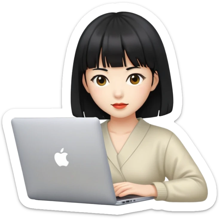 japonesa de pele clara e cabelos pretos com franja na altura das sombracelhas mexendo em um notebook portátil da Apple  sticker