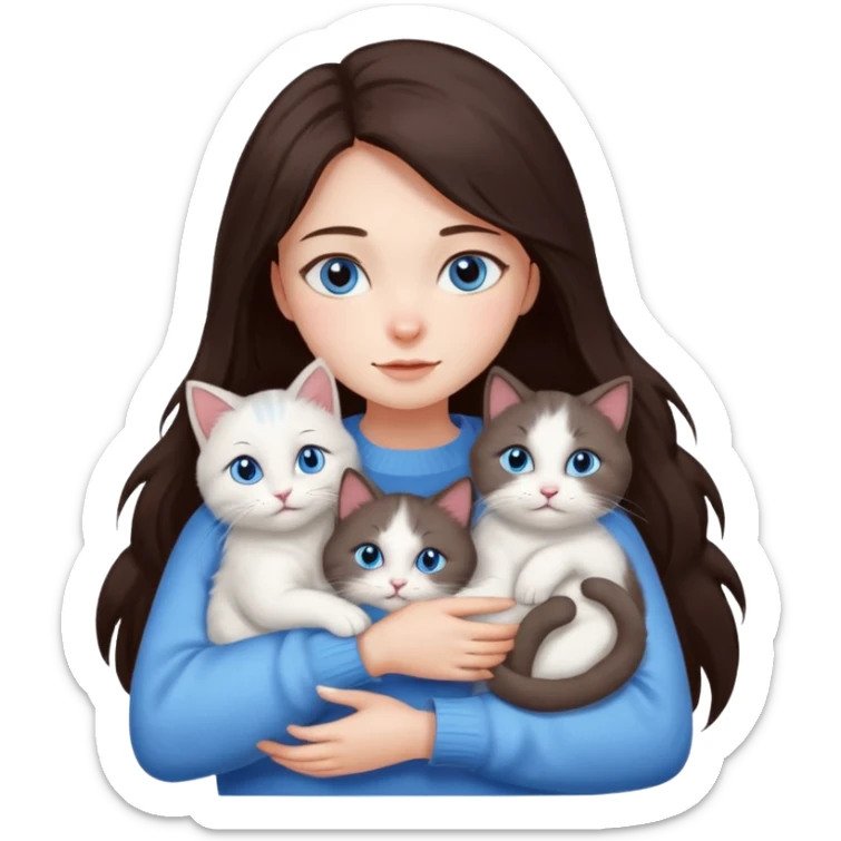a girl with long dark 
brown hair, with blue eyes, in a
white sweater, hugs 3 different natural coloured cats sticker