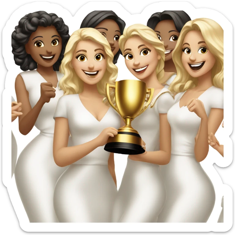 6 beautiful and stylish blonde and Latina models celebrating with 1 huge gold trophy sticker