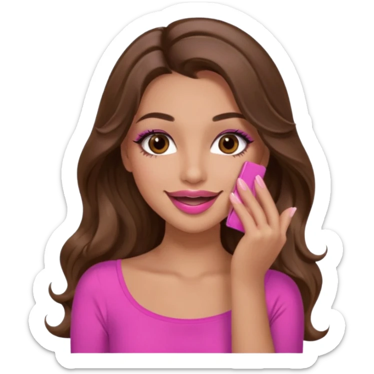 girl with long wavy brown hair, brown eyes, long lashes makeup, pink lips, light to medium complexion, pink sexy top, smiling, hand covering mouth sticker