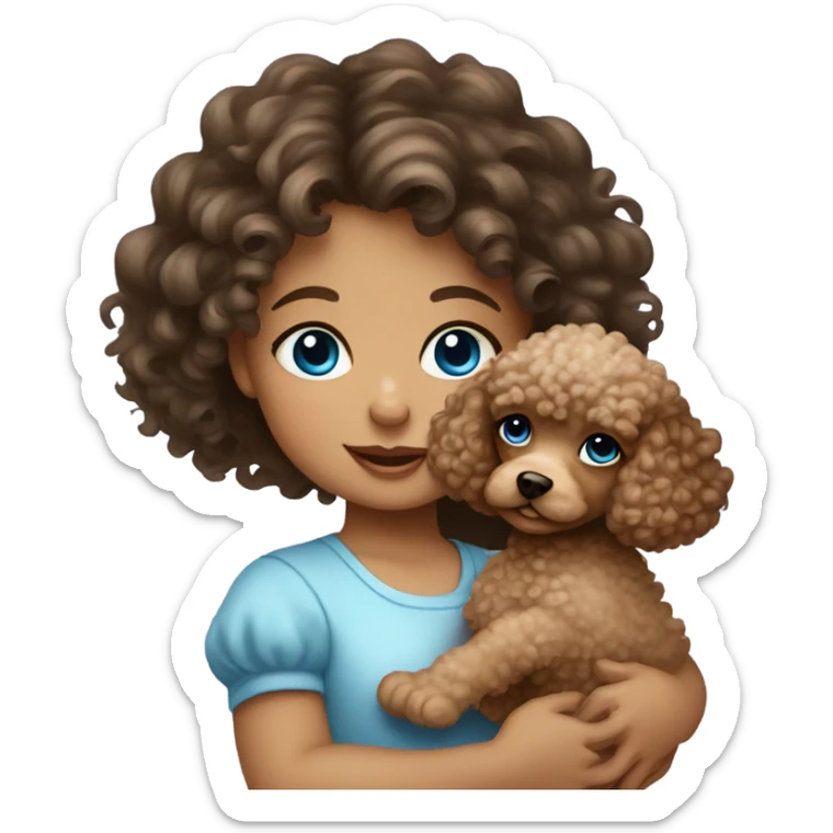 Brunette baby girl with curly hair and blue eyes holding a baby poodle sticker