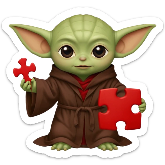 Baby Yoda con su tunica clasica chocolate sosteniendo una pieza de rompecabeza color rojo que diga Valores sticker