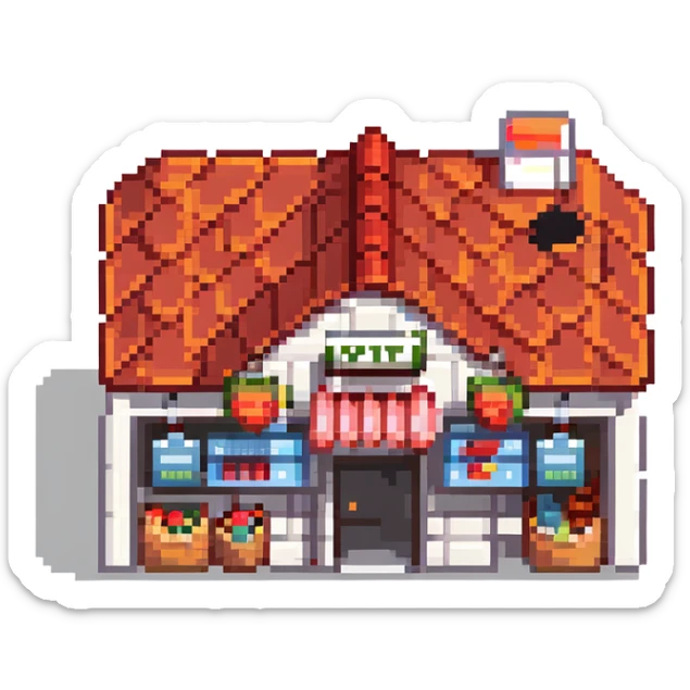 isometric supermarket building with red tiled roof, store entrance, and small parking area sticker