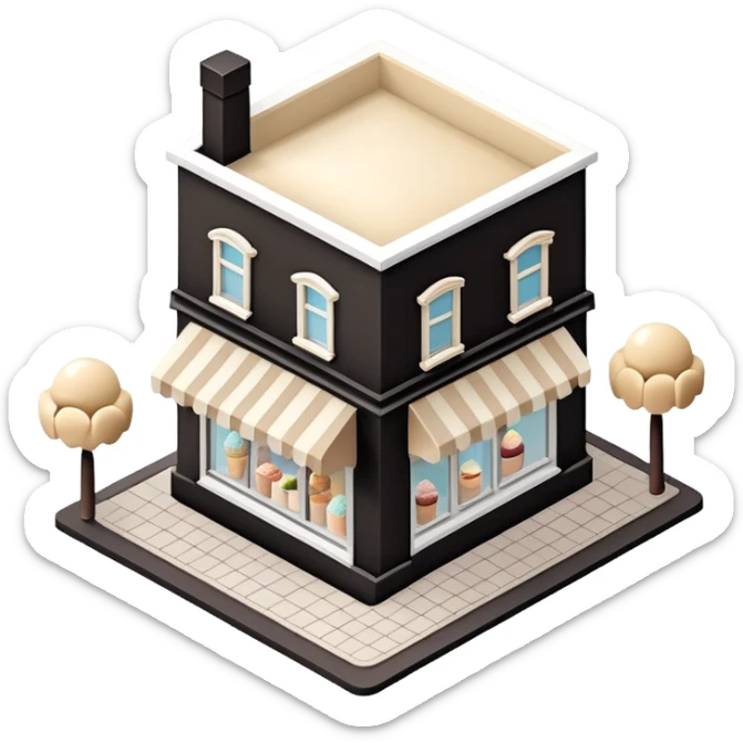 Isometric exterior little black, beige, and white gelato ice cream shop, dollhouse style 3D realistic  sticker
