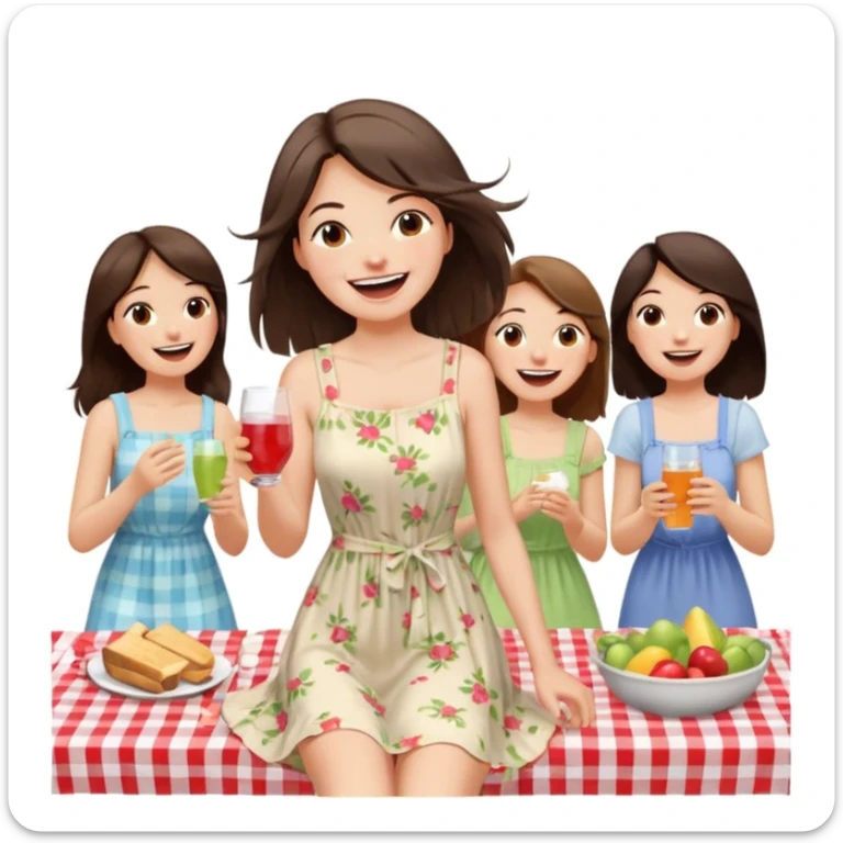 A brunette with straight hair laughs among friends at a picnic, wearing a light summer dress, her hair messy from the wind sticker