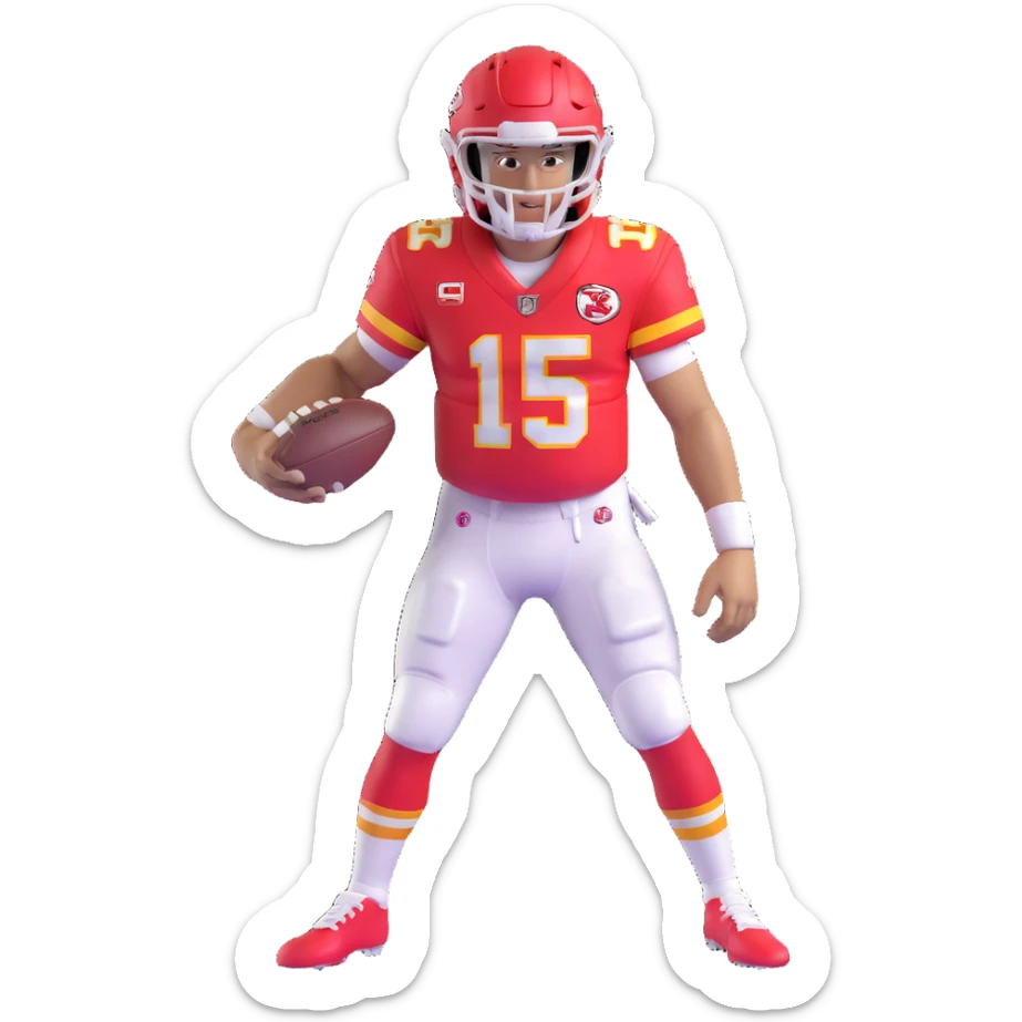 Patrick Mahomes, Kansas City Chiefs quarterback with curly hair, football uniform sticker