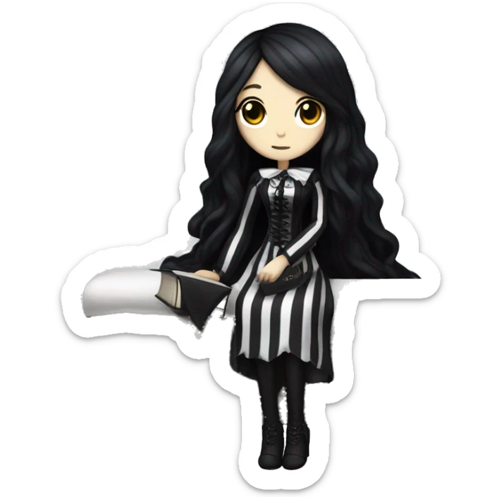 A gothic-style fumo plushie girl with long black hair in a black coffin with a white cushioned interior. She wears a striped black-and-white dress. Nearby is a white desk with dark books and an antique lamp. sticker