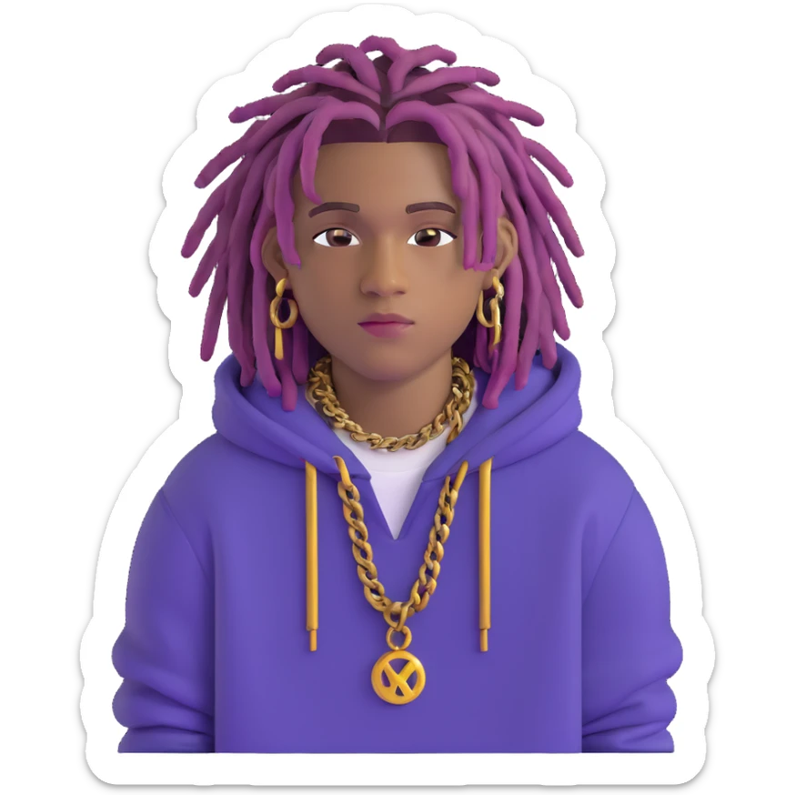 Juice WRLD with purple dreadlocks, designer hoodie, gold chains, and signature style sticker
