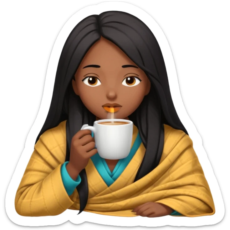 Chocolate brown girl with long straight jet black hair inside a blanket sipping coffee eyes closed sticker