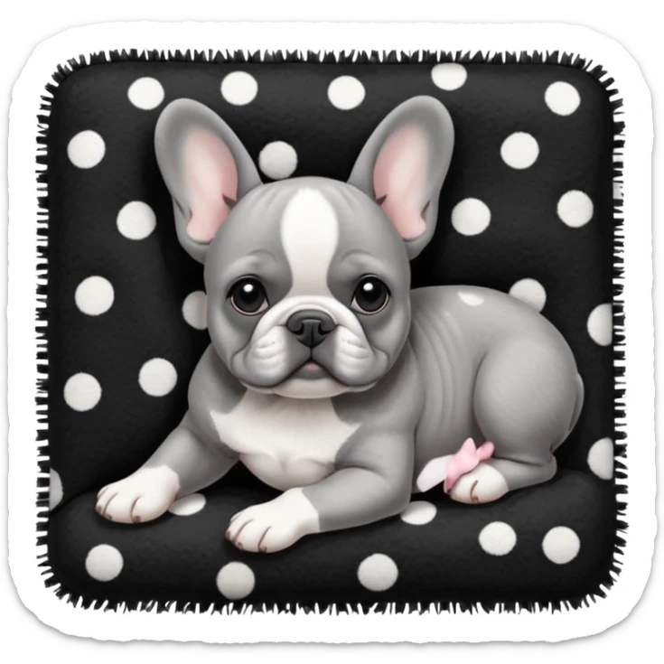 Gray French bulldog puppy with white belly, wearing black and white polka dot bow, taking a nap on a black color fuzzy rug sticker