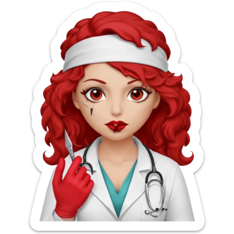 Lilith scalpel in hand, evil surgeon sexy surgeon clothes.  She has red eyes. She brown long curly hair. Wears sexy doctor outfit with red gloves. Hides mouth necknose with red bandana to hide her identity. Hair is long and brown sticker