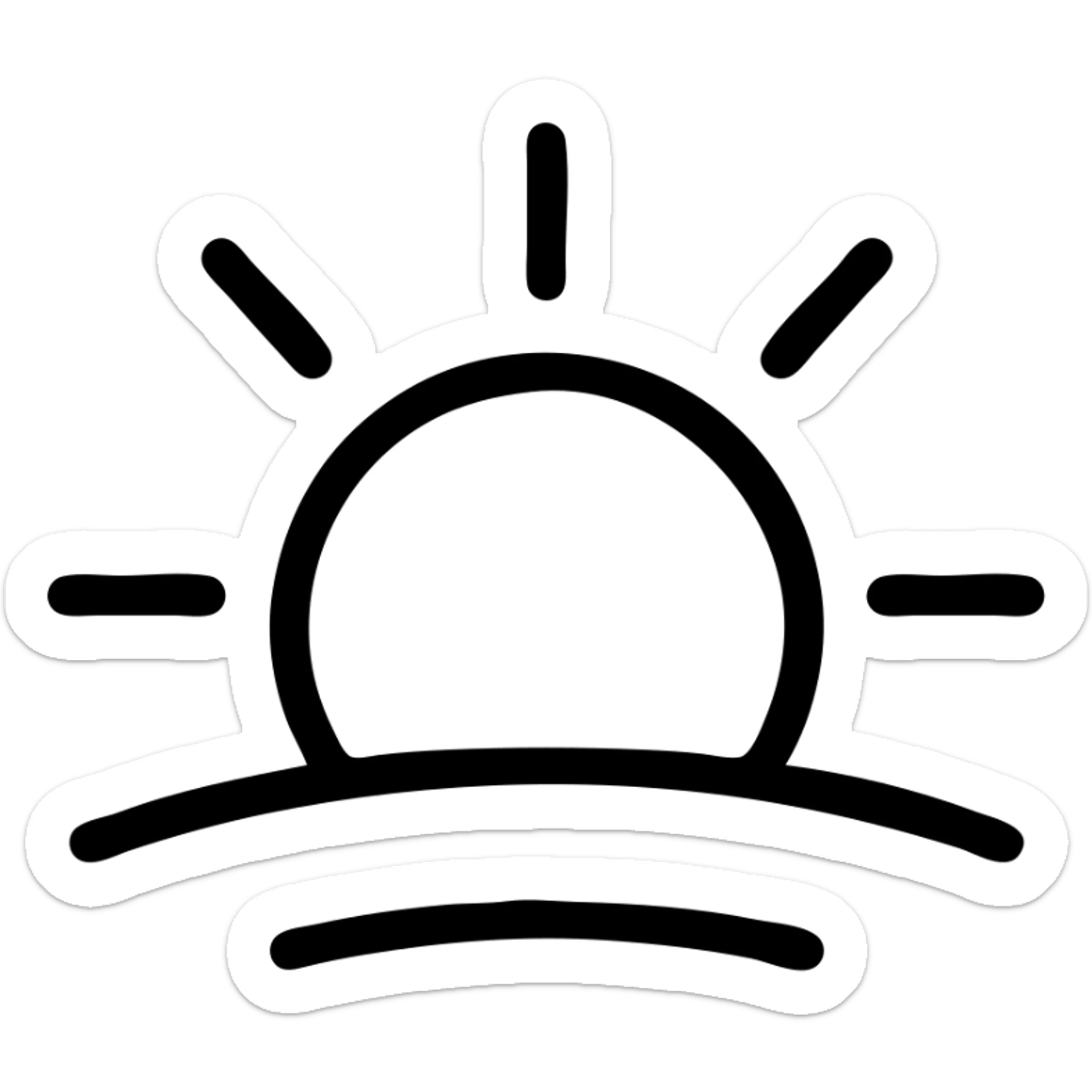 outlined icon of a sun rising above a horizon, minimal, no fill, black lines sticker